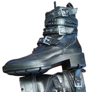 NWOT | ZARA | Studded Rhinestone & Gems Buckled Moto Leather Boots | Size: 6
